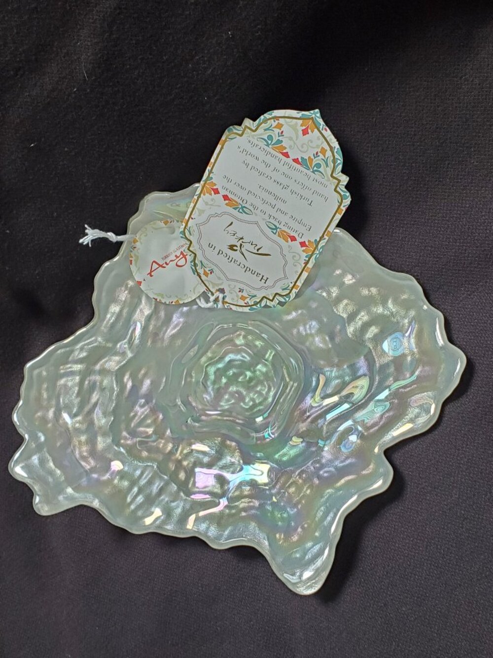 Trinket tray Iridescent Handcrafted in Turkey glass  Stunning! Brand New!